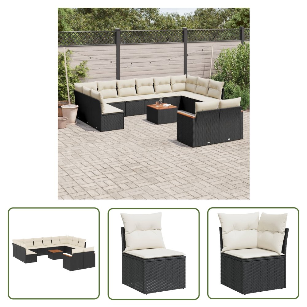 The Living Store 13-cz. zestaw mebli do ogrodu - poduszki - czarny - rattan PE - Sofa Ogrodowa