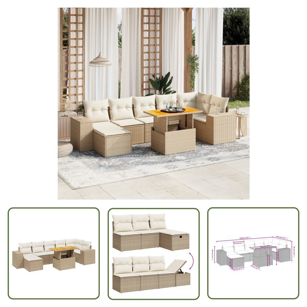 The Living Store 8-cz. zestaw mebli ogrodowych z poduszkami - beżowy - polirattan - Sofa Ogrodowa