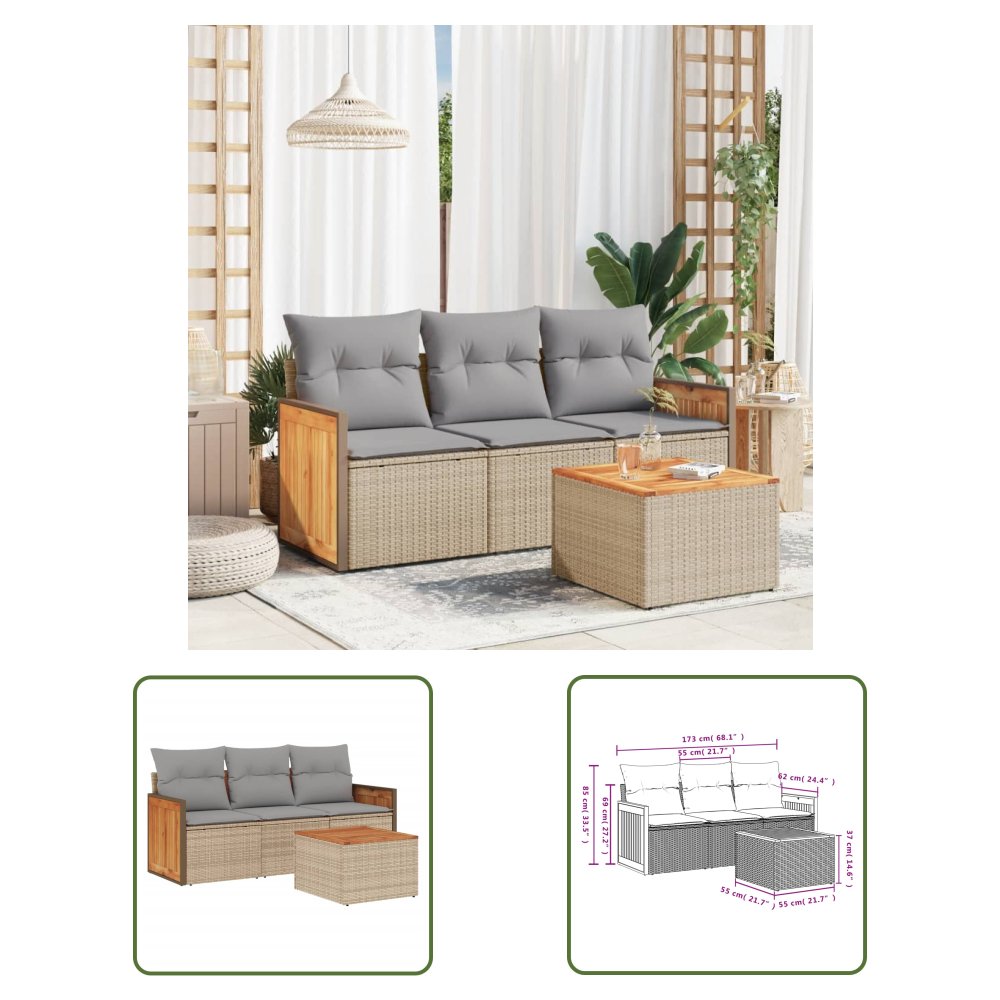 The Living Store 4-cz. zestaw mebli ogrodowych z poduszkami - beżowy - polirattan - Sofa Ogrodowa