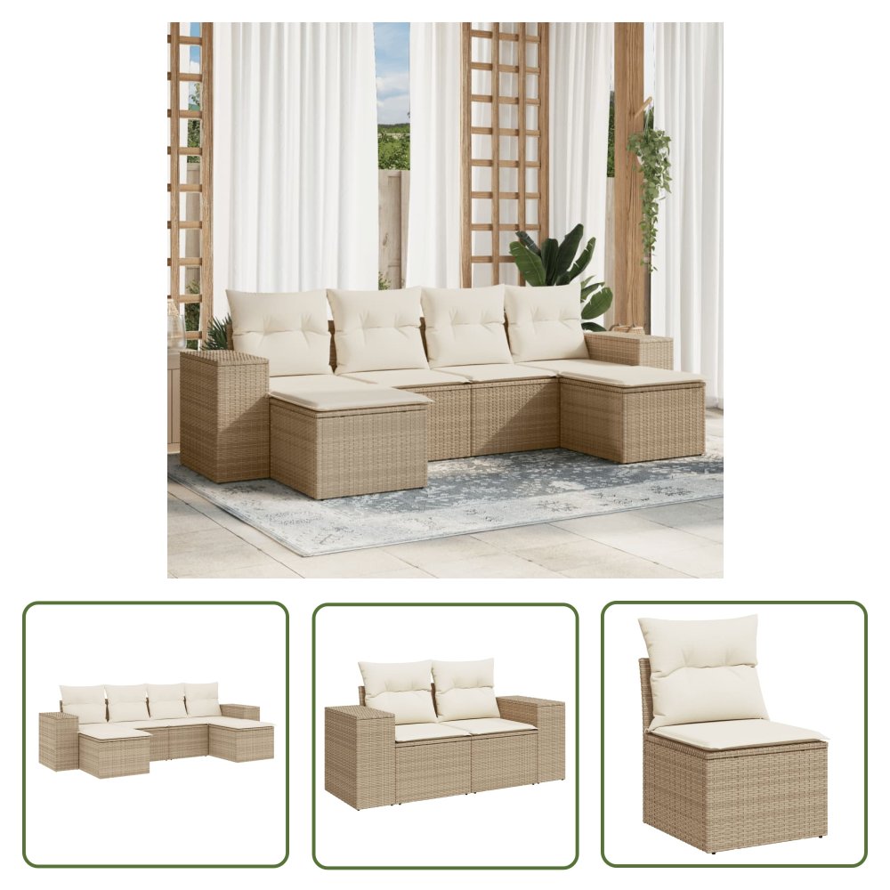The Living Store 6-cz. zestaw mebli ogrodowych z poduszkami - beżowy - polirattan - Sofa Ogrodowa