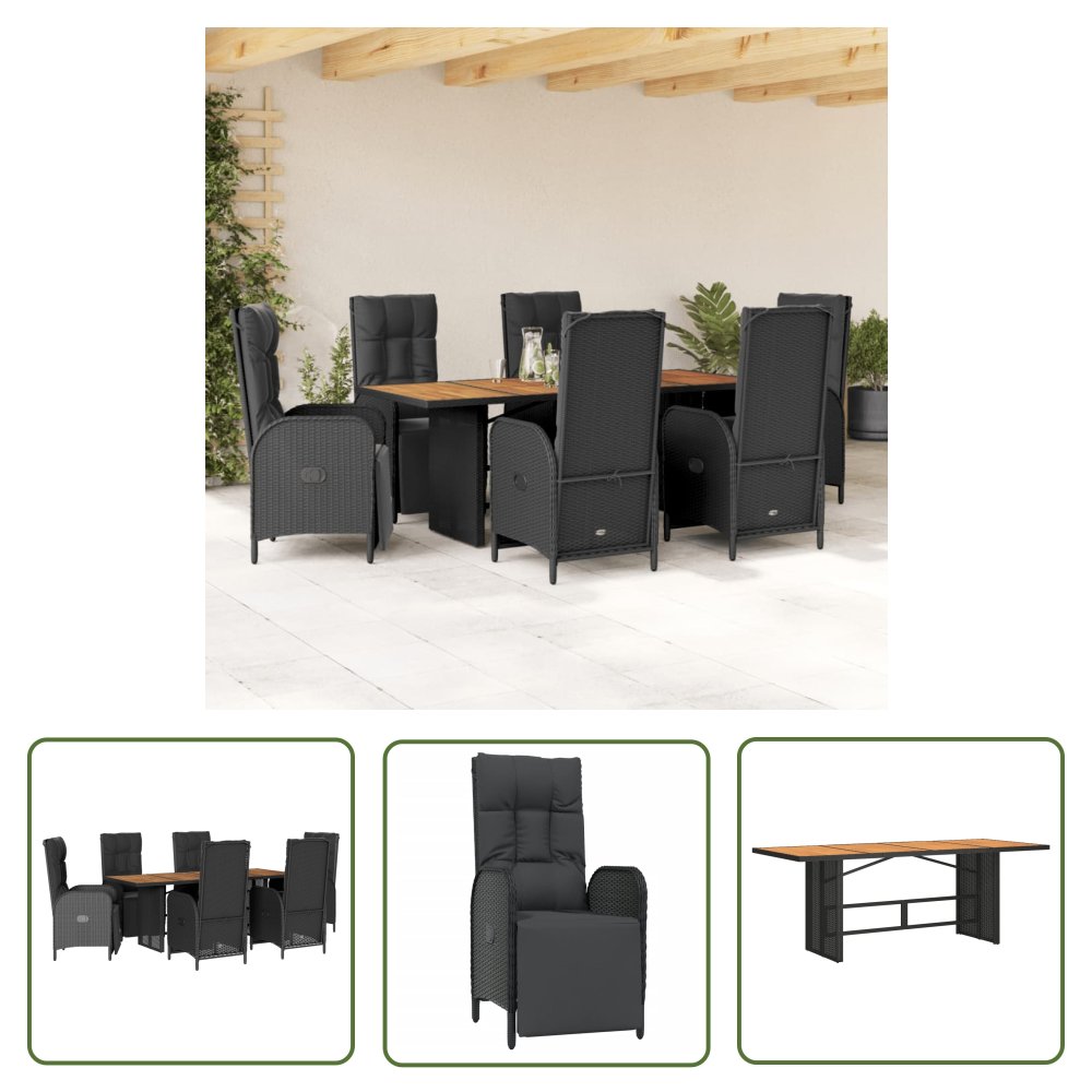 The Living Store 7-cz. zestaw mebli ogrodowych z poduszkami - czarny - polirattan - Meble Ogrodowe