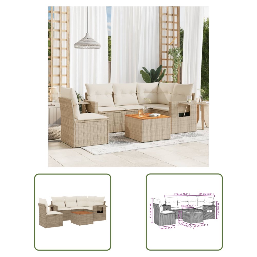The Living Store 6-cz. zestaw mebli ogrodowych z poduszkami - beżowy - polirattan - Sofa Ogrodowa