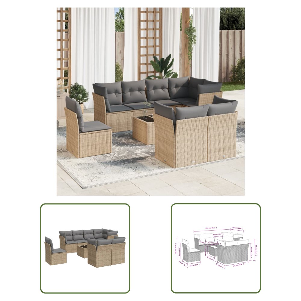 The Living Store 9-cz. zestaw mebli ogrodowych z poduszkami - beżowy - polirattan - Sofa Ogrodowa