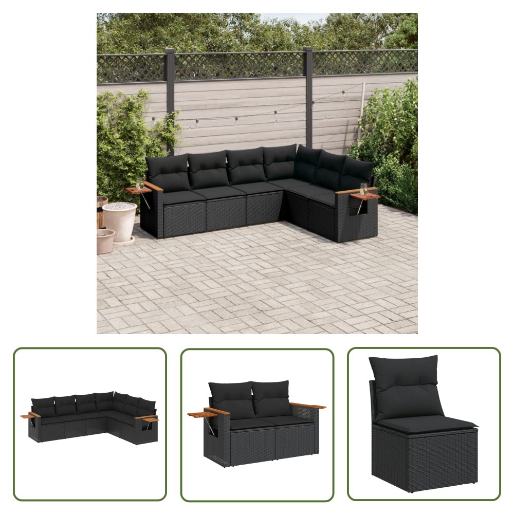 The Living Store 6-cz. zestaw mebli ogrodowych z poduszkami - czarny polirattan - Sofa Ogrodowa