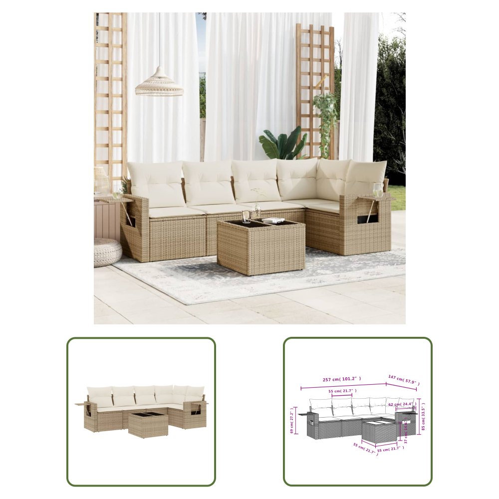 The Living Store 6-cz. zestaw mebli ogrodowych z poduszkami - beżowy - polirattan - Sofa Ogrodowa
