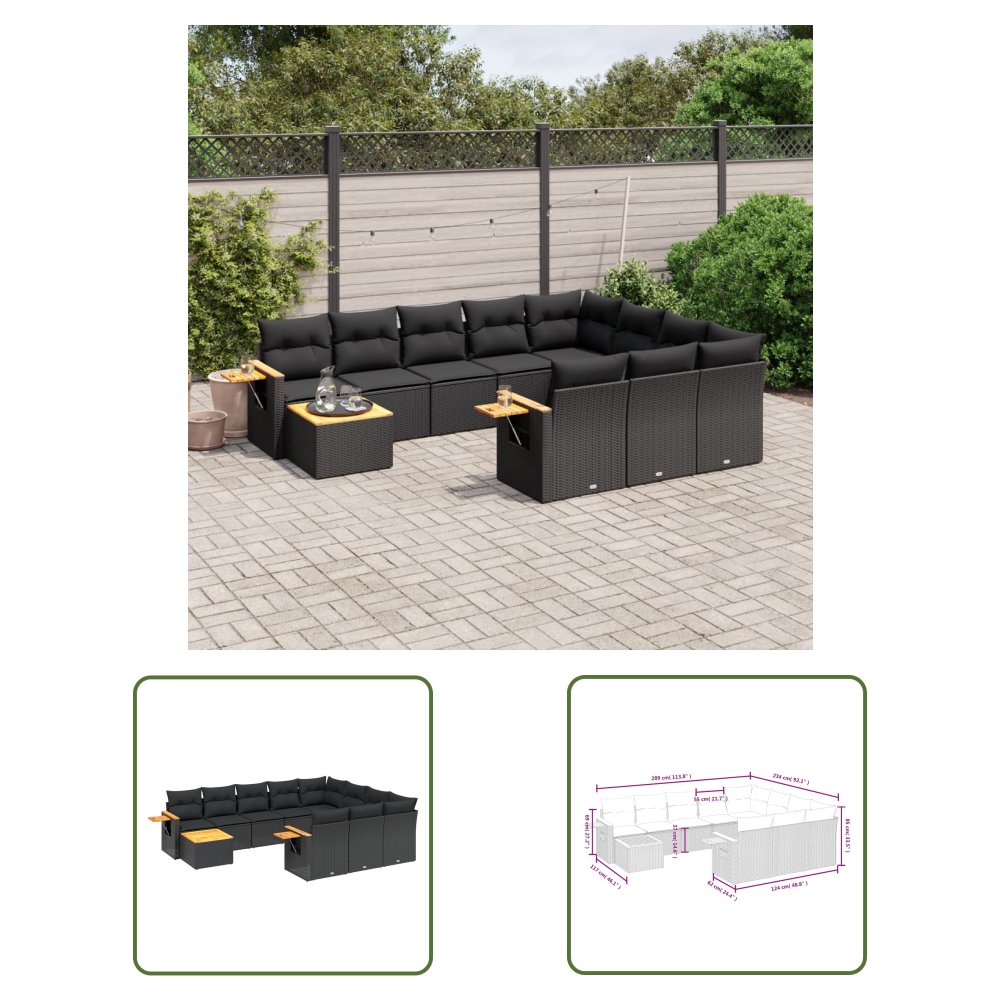 The Living Store 11-cz. zestaw wypoczynkowy do ogrodu - poduszki czarny rattan PE - Sofa Ogrodowa