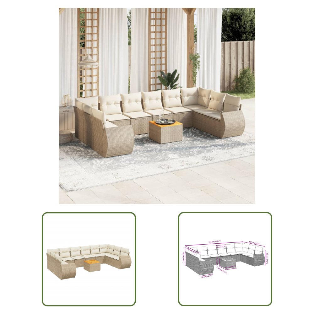 The Living Store 11-cz. zestaw mebli ogrodowych z poduszkami - beżowy - polirattan - Sofa Ogrodowa