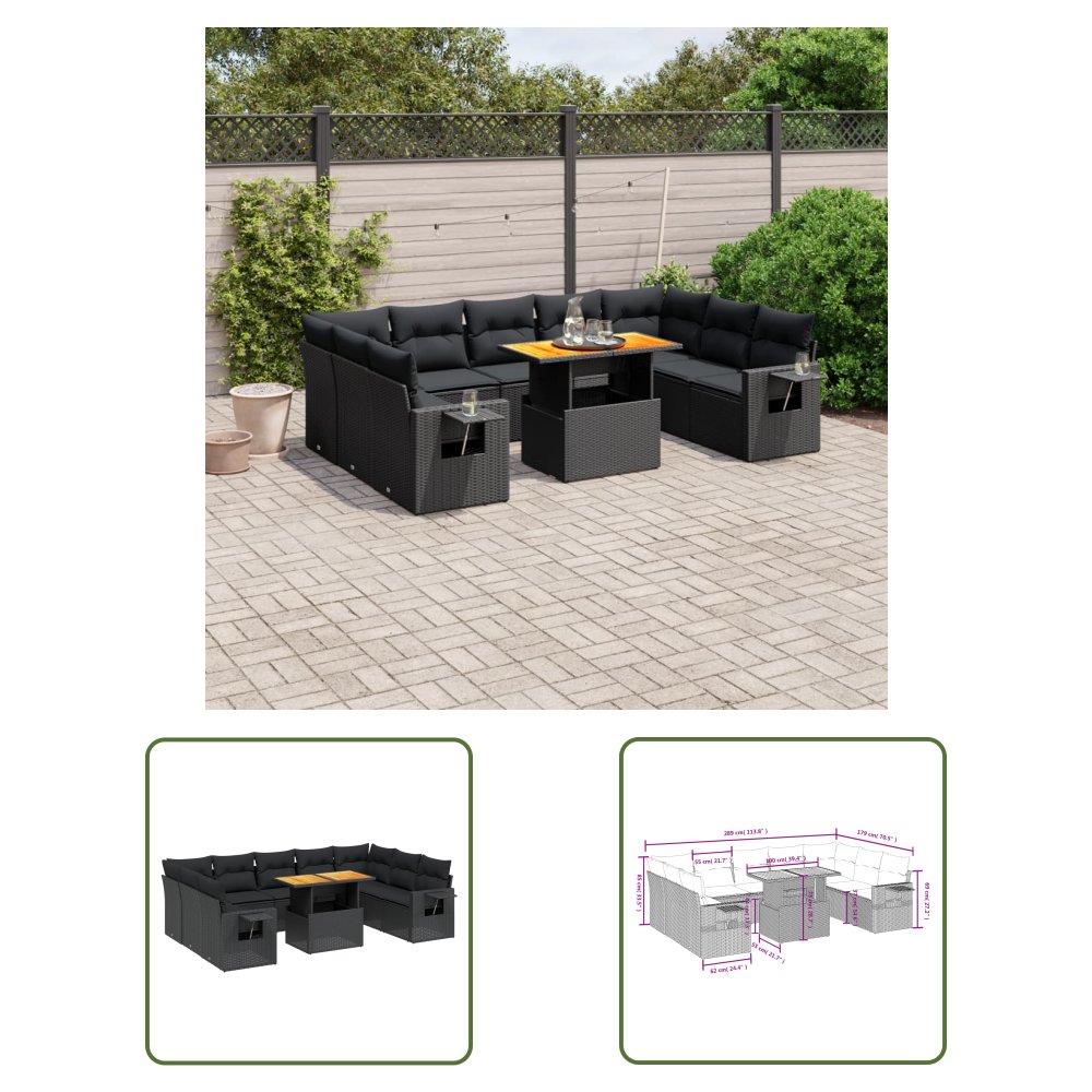 The Living Store 10-cz. zestaw wypoczynkowy do ogrodu - poduszki czarny rattan PE - Sofa Ogrodowa