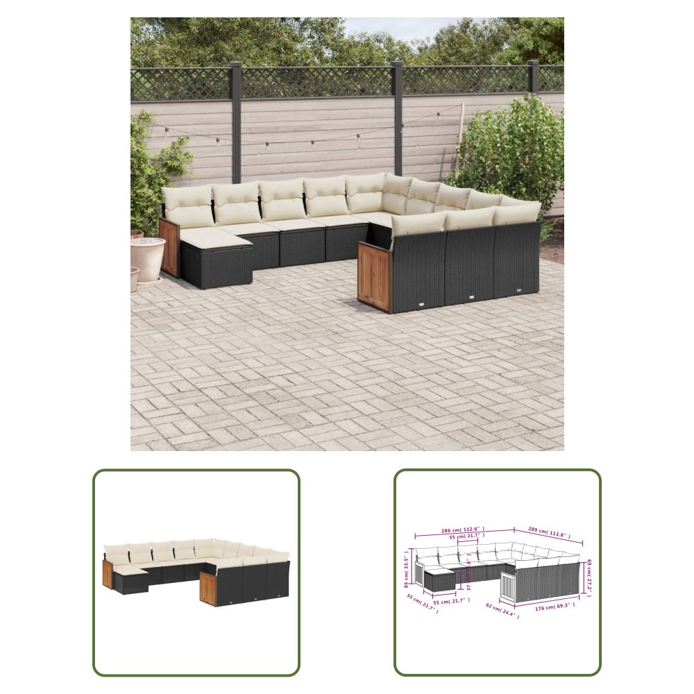 The Living Store 12-cz. zestaw mebli do ogrodu - z poduszkami - czarny - polirattan - Sofa Ogrodowa