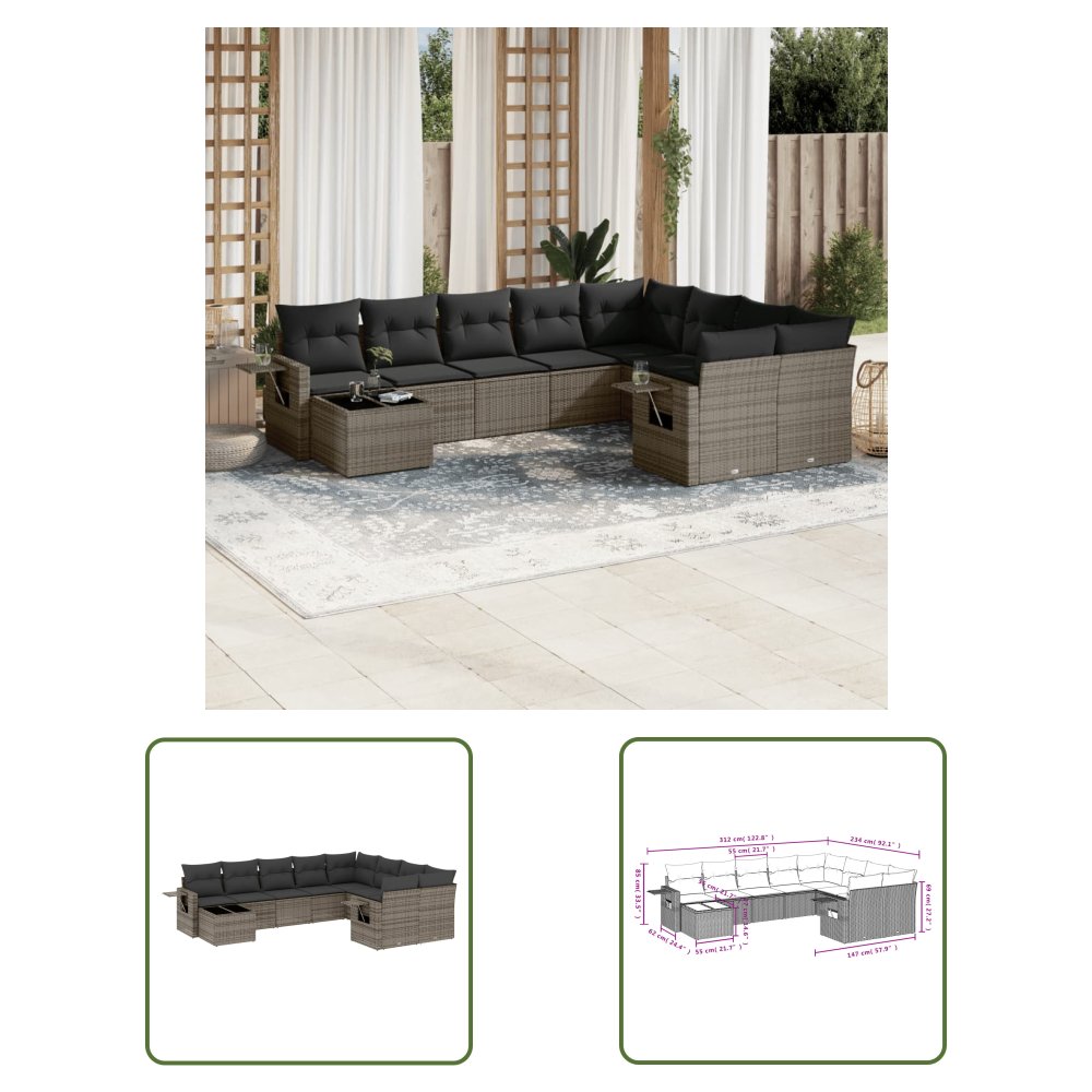The Living Store 10-cz. zestaw wypoczynkowy do ogrodu - z poduszkami - szary - Sofa Ogrodowa