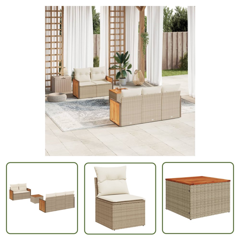 The Living Store 6-cz. zestaw mebli ogrodowych z poduszkami - beżowy - polirattan - Sofa Ogrodowa