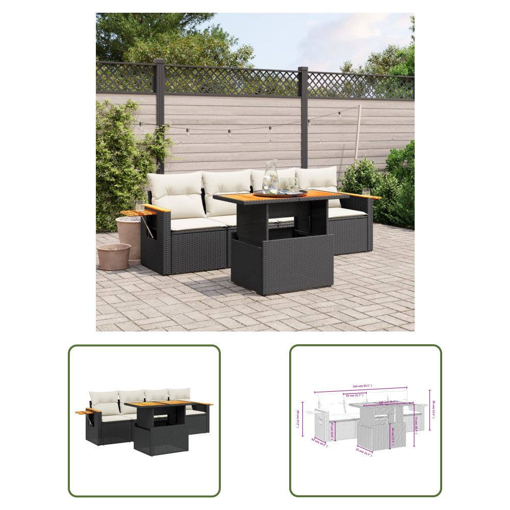 The Living Store 5-cz. zestaw wypoczynkowy do ogrodu - poduszki - czarny rattan PE - Sofa Ogrodowa