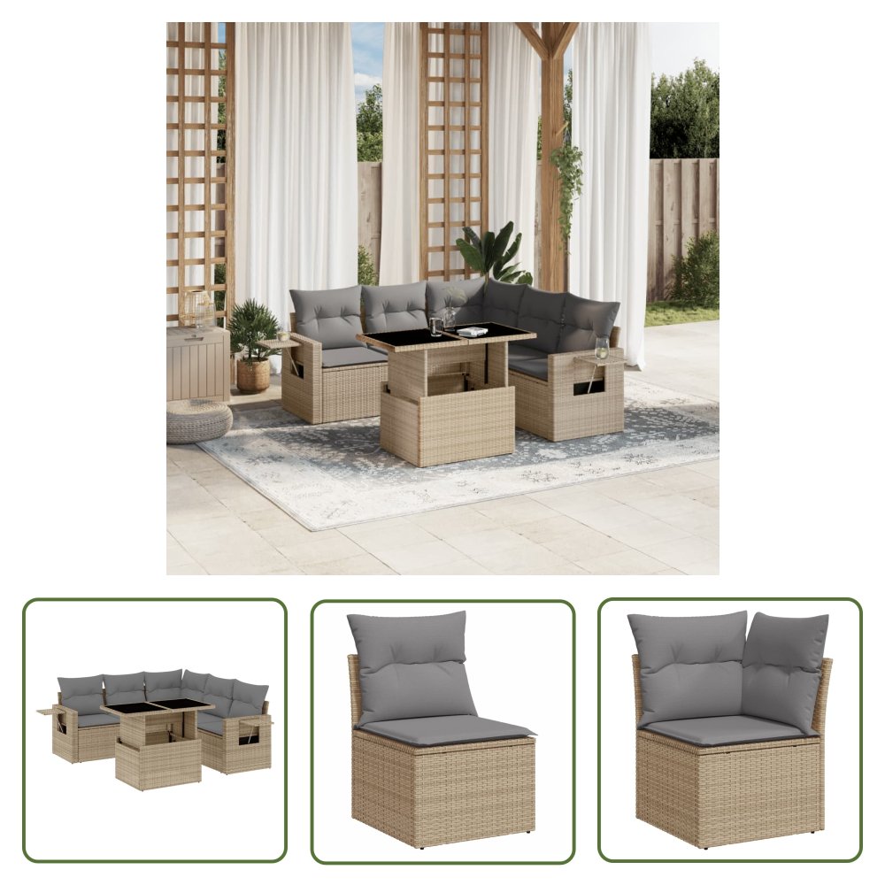 The Living Store 6-cz. zestaw mebli ogrodowych z poduszkami - beżowy - polirattan - Sofa Ogrodowa