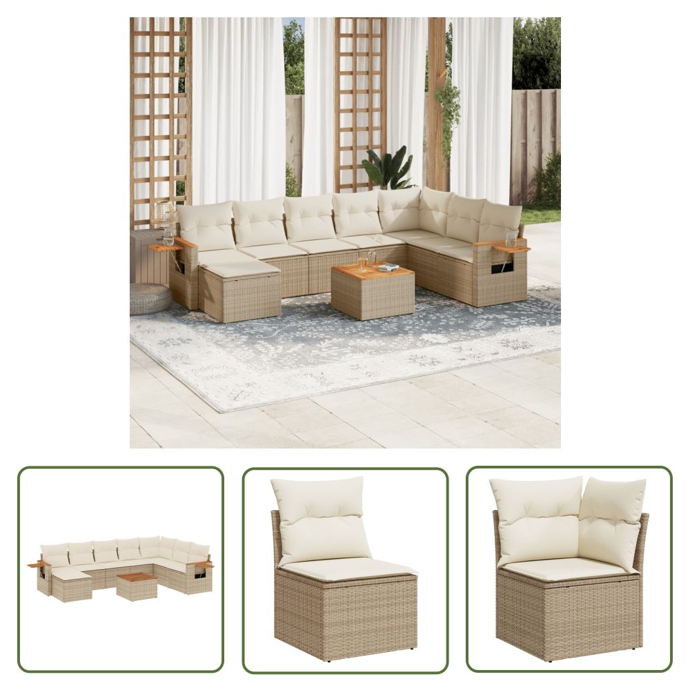 The Living Store 9-cz. zestaw mebli ogrodowych z poduszkami - beżowy - polirattan - Sofa Ogrodowa