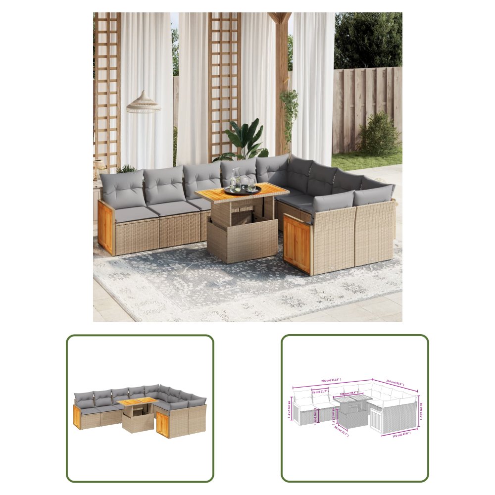 The Living Store 10-cz. zestaw mebli ogrodowych z poduszkami - beżowy - polirattan - Sofa Ogrodowa