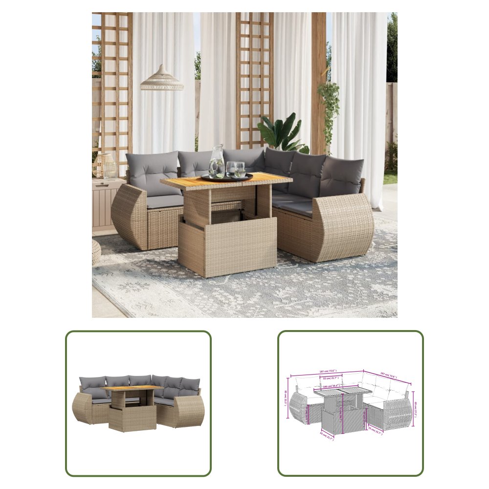 The Living Store 6-cz. zestaw mebli ogrodowych z poduszkami - beżowy - polirattan - Sofa Ogrodowa