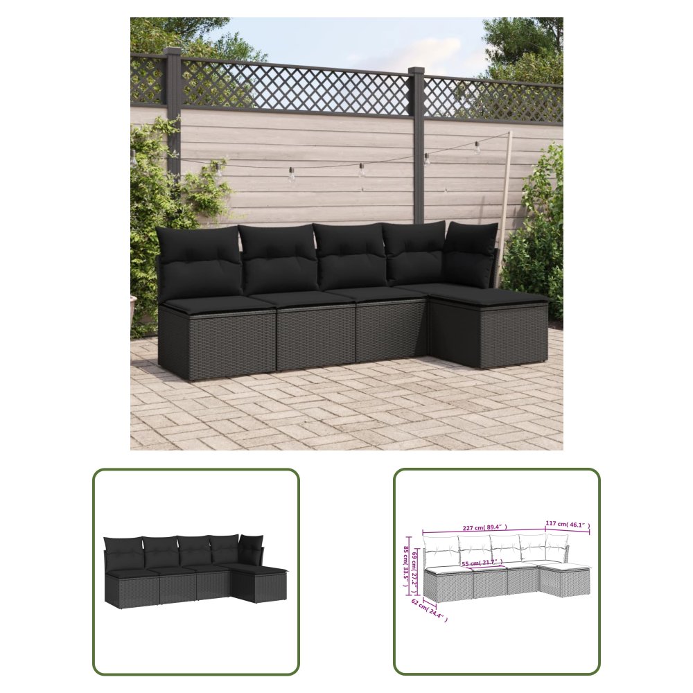 The Living Store 5-cz. zestaw wypoczynkowy do ogrodu - poduszki - czarny rattan PE - Sofa Ogrodowa