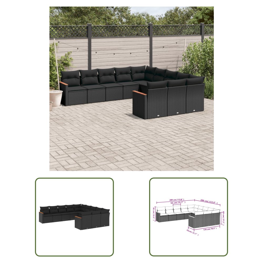 The Living Store 11-cz. zestaw wypoczynkowy do ogrodu - poduszki czarny rattan PE - Sofa Ogrodowa