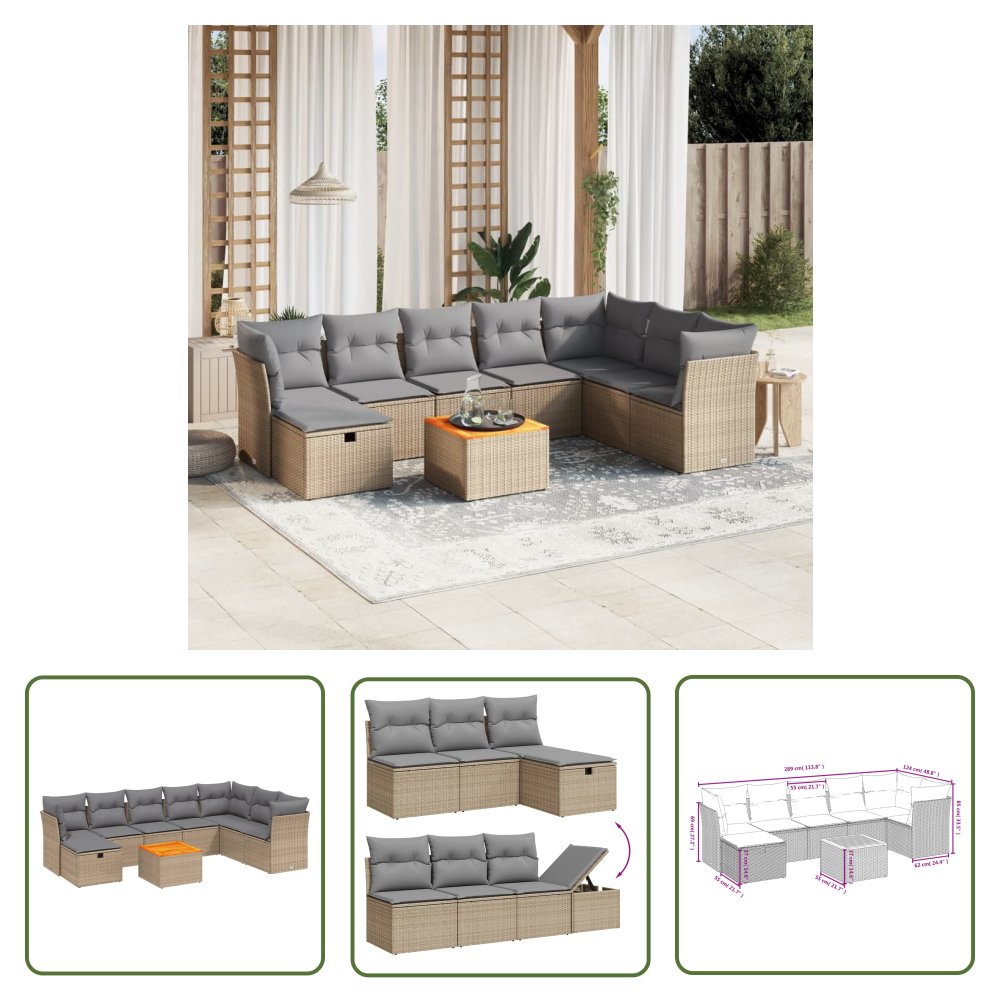 The Living Store 9-cz. zestaw mebli ogrodowych z poduszkami - mieszany beż - Sofa Ogrodowa