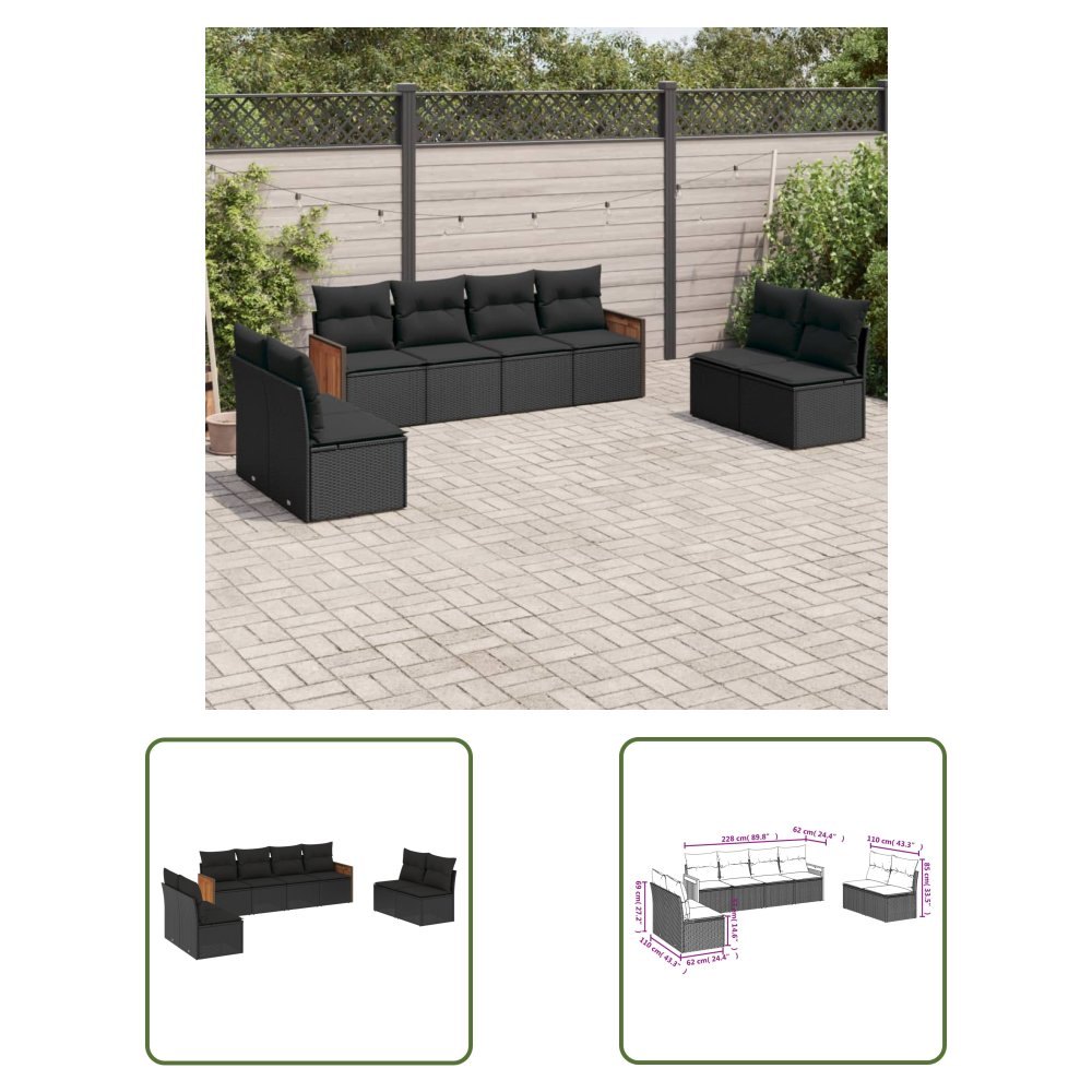 The Living Store 8-cz. zestaw wypoczynkowy do ogrodu - z poduszkami - czarny - Sofa Ogrodowa