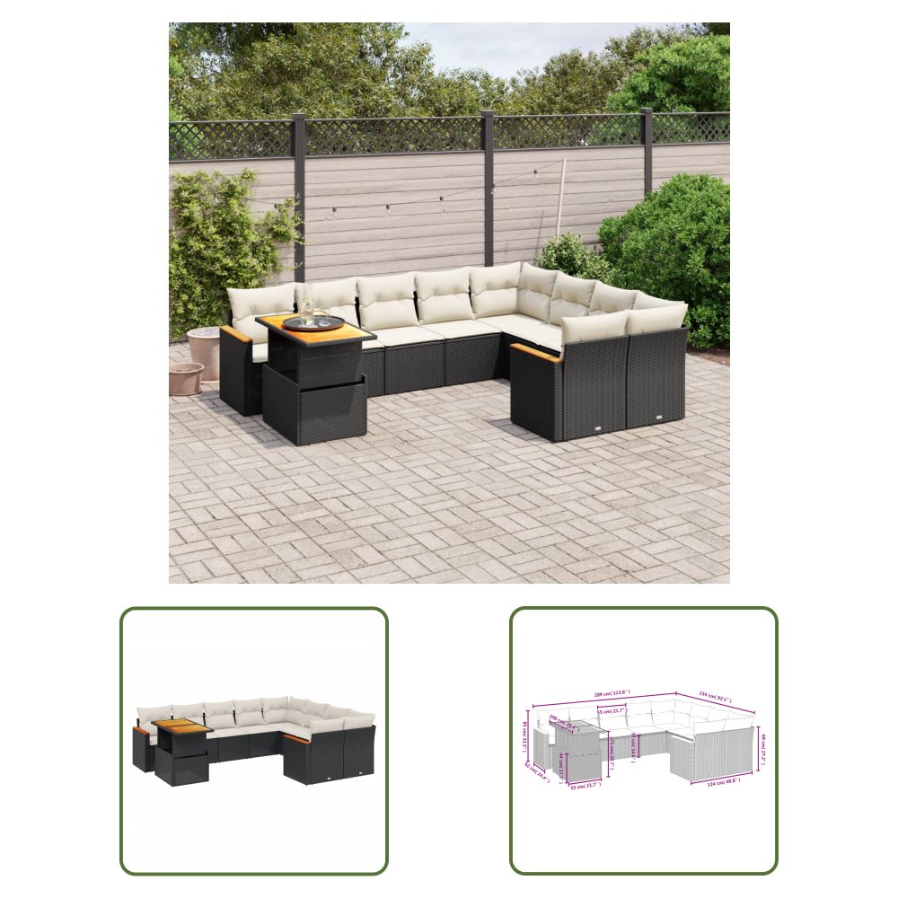The Living Store 10-cz. zestaw wypoczynkowy do ogrodu - poduszki czarny rattan PE - Sofa Ogrodowa