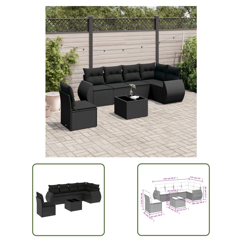 The Living Store 7-cz. zestaw wypoczynkowy do ogrodu - z poduszkami - czarny - Sofa Ogrodowa