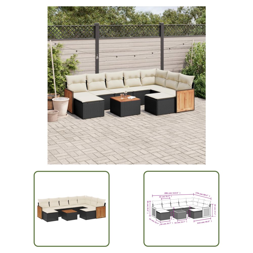 The Living Store 10-cz. zestaw wypoczynkowy do ogrodu - poduszki czarny rattan PE - Sofa Ogrodowa