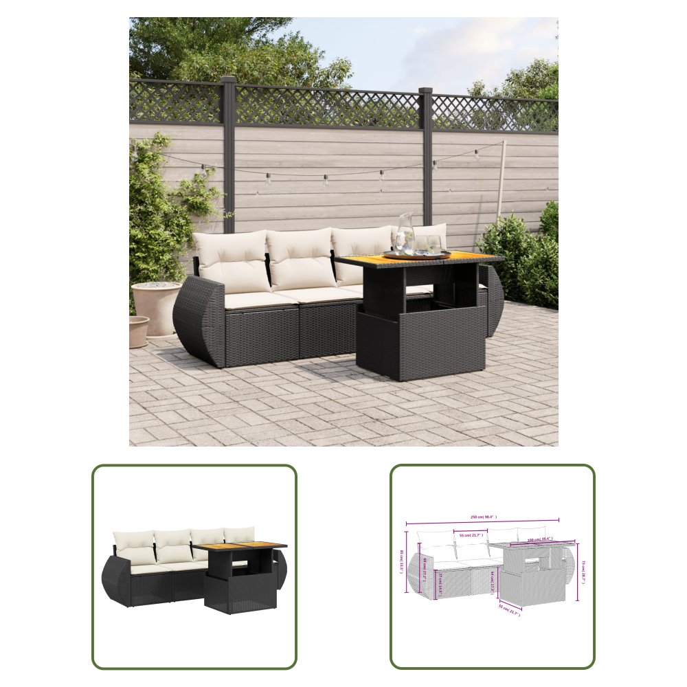 The Living Store 5-cz. zestaw wypoczynkowy do ogrodu - poduszki - czarny rattan PE - Sofa Ogrodowa