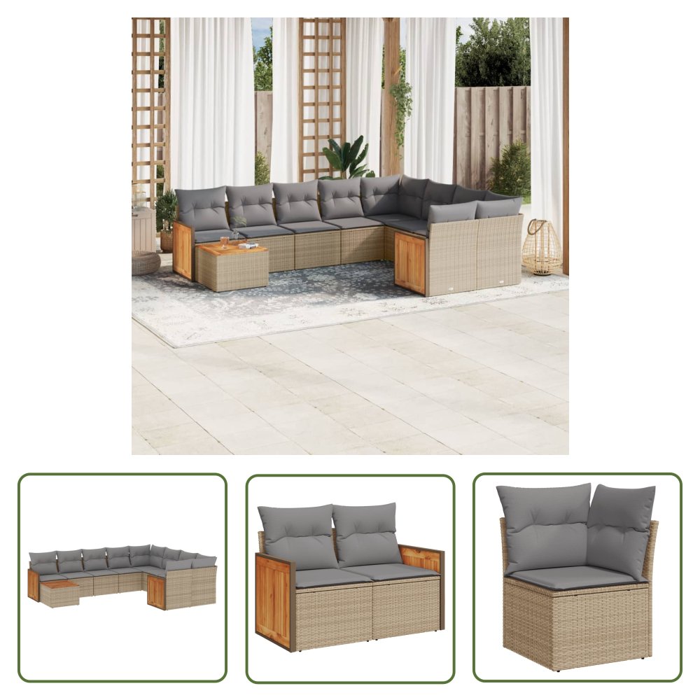 The Living Store 10-cz. zestaw mebli ogrodowych z poduszkami - beżowy - polirattan - Sofa Ogrodowa