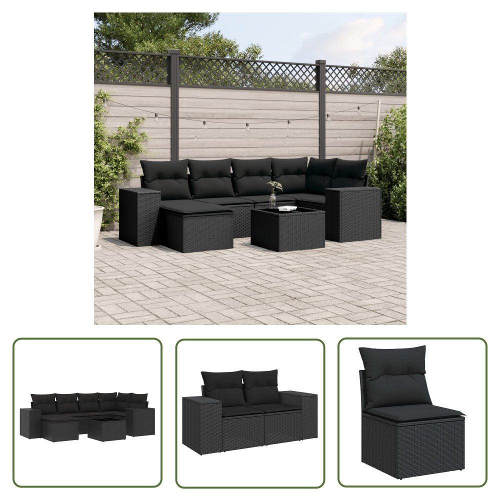 The Living Store 7-cz. zestaw wypoczynkowy do ogrodu - z poduszkami - czarny - Sofa Ogrodowa
