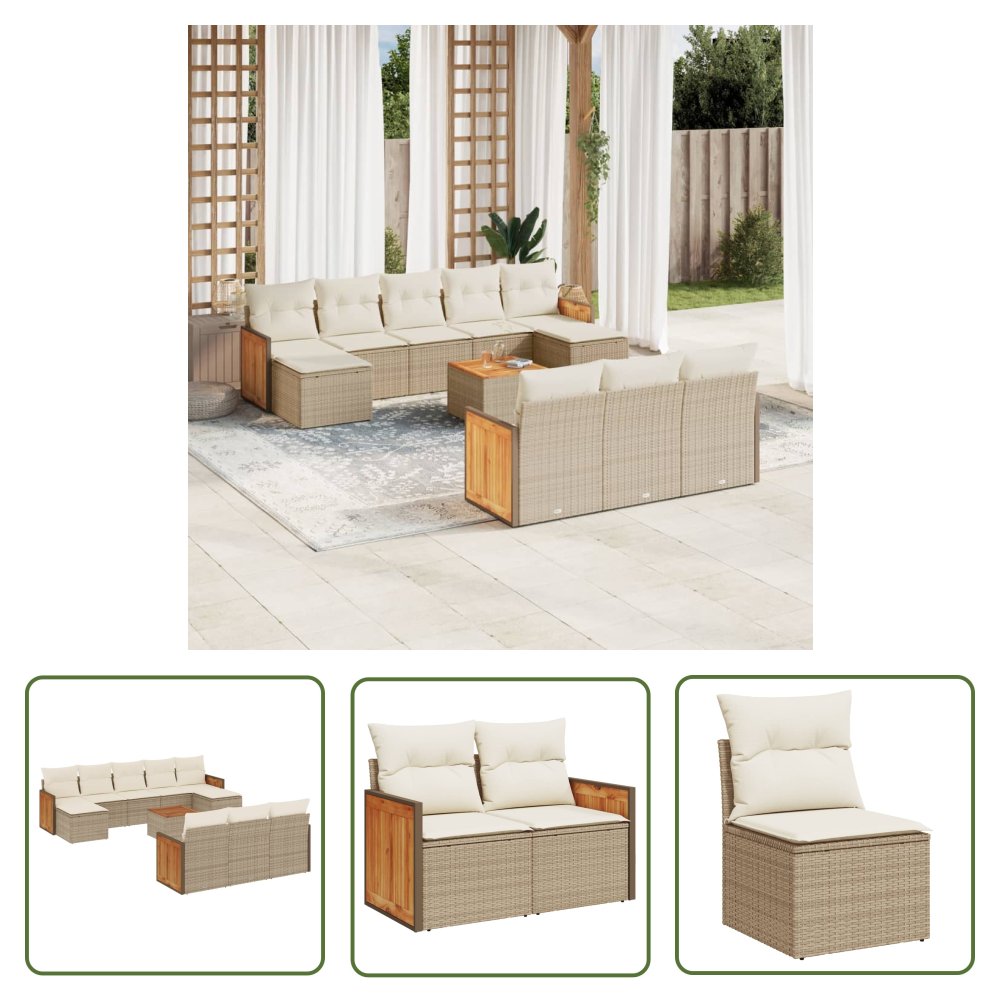 The Living Store 11-cz. zestaw mebli ogrodowych z poduszkami - beżowy - polirattan - Sofa Ogrodowa