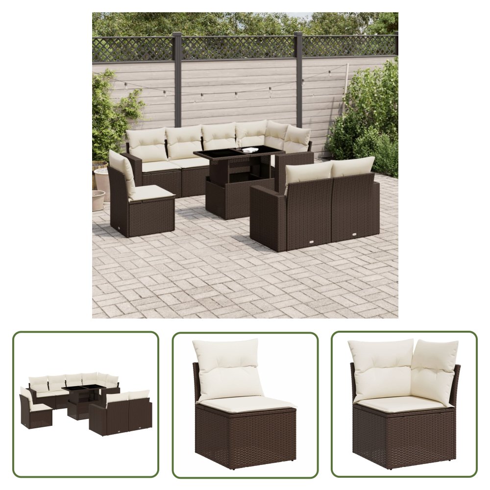 The Living Store 9-cz. zestaw mebli ogrodowych z poduszkami - brązowy - polirattan - Sofa Ogrodowa