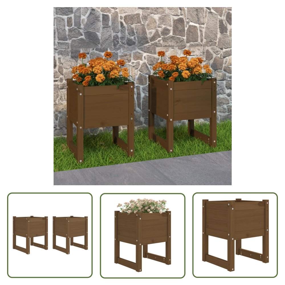 The Living Store Donice 2 szt. - miodowy brąz - 40x40x52 -5 cm - lite drewno sosnowe - Donica Ogrodowa