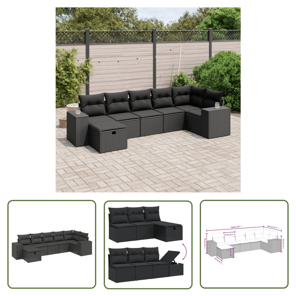 The Living Store 7-cz. zestaw wypoczynkowy do ogrodu - z poduszkami - czarny - Sofa Ogrodowa