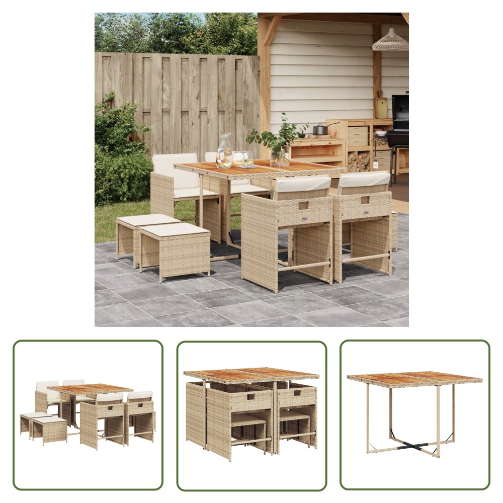 The Living Store 9-cz. zestaw mebli ogrodowych z poduszkami - beżowy - polirattan - Meble Ogrodowe