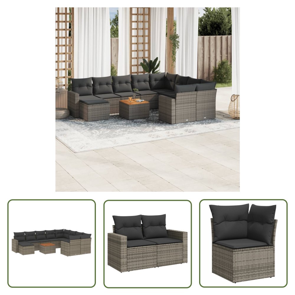 The Living Store 11-cz. zestaw mebli ogrodowych z poduszkami - szary rattan PE - Sofa Ogrodowa