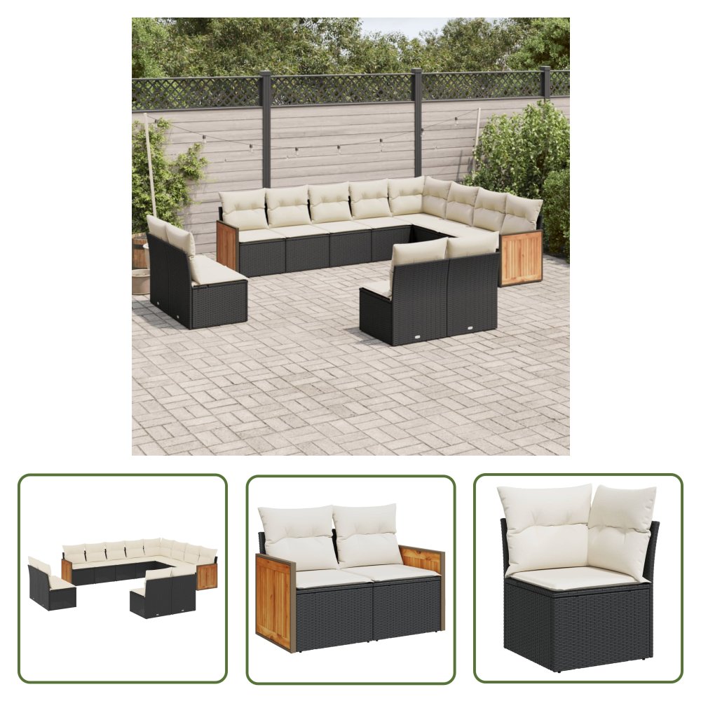 The Living Store 12-cz. zestaw mebli do ogrodu - z poduszkami - czarny - polirattan - Sofa Ogrodowa