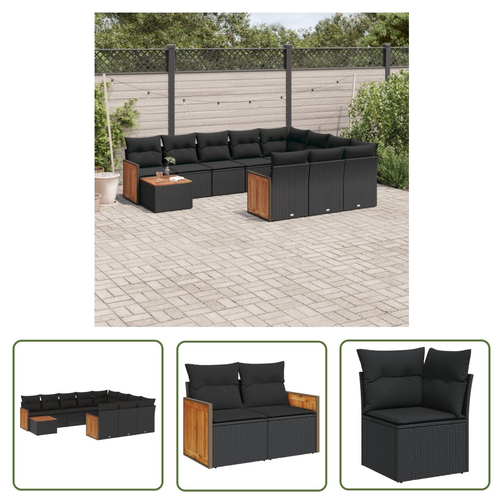 The Living Store 11-cz. zestaw wypoczynkowy do ogrodu - poduszki czarny rattan PE - Sofa Ogrodowa