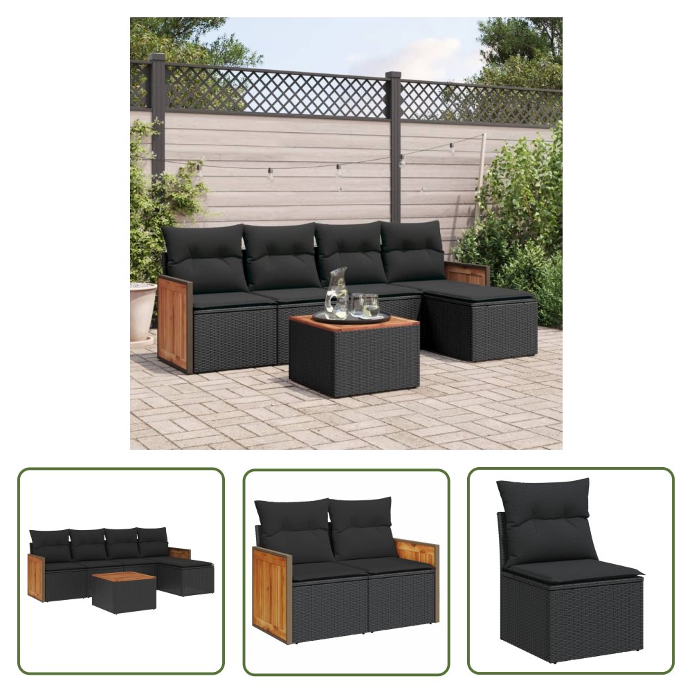 The Living Store 6-cz. zestaw mebli ogrodowych z poduszkami - czarny polirattan - Sofa Ogrodowa