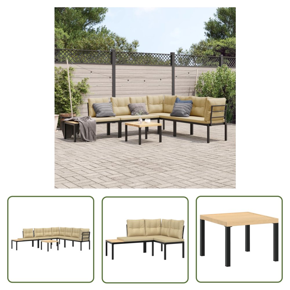 The Living Store Zestaw ławek ogrodowych z poduszkami - 5 szt. - malowana stal - Zestaw Mebli Ogrodowych