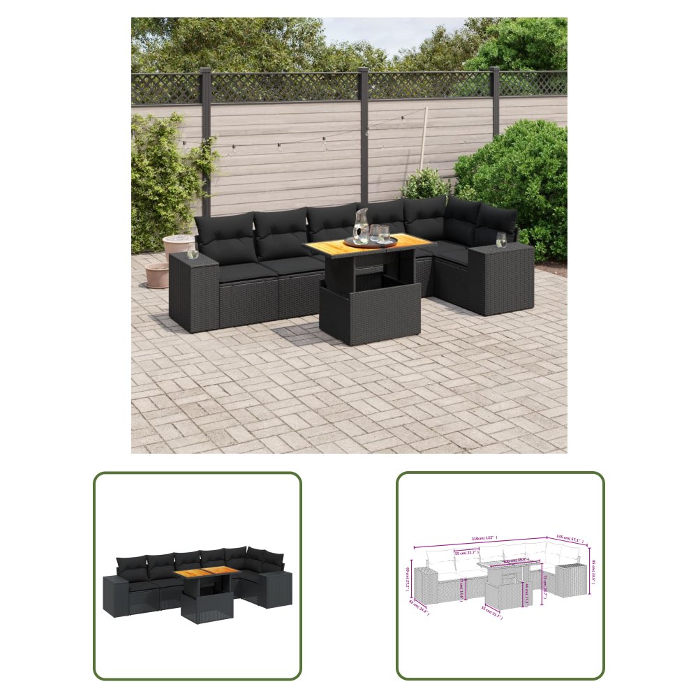 The Living Store 7-cz. zestaw wypoczynkowy do ogrodu - z poduszkami - czarny - Sofa Ogrodowa