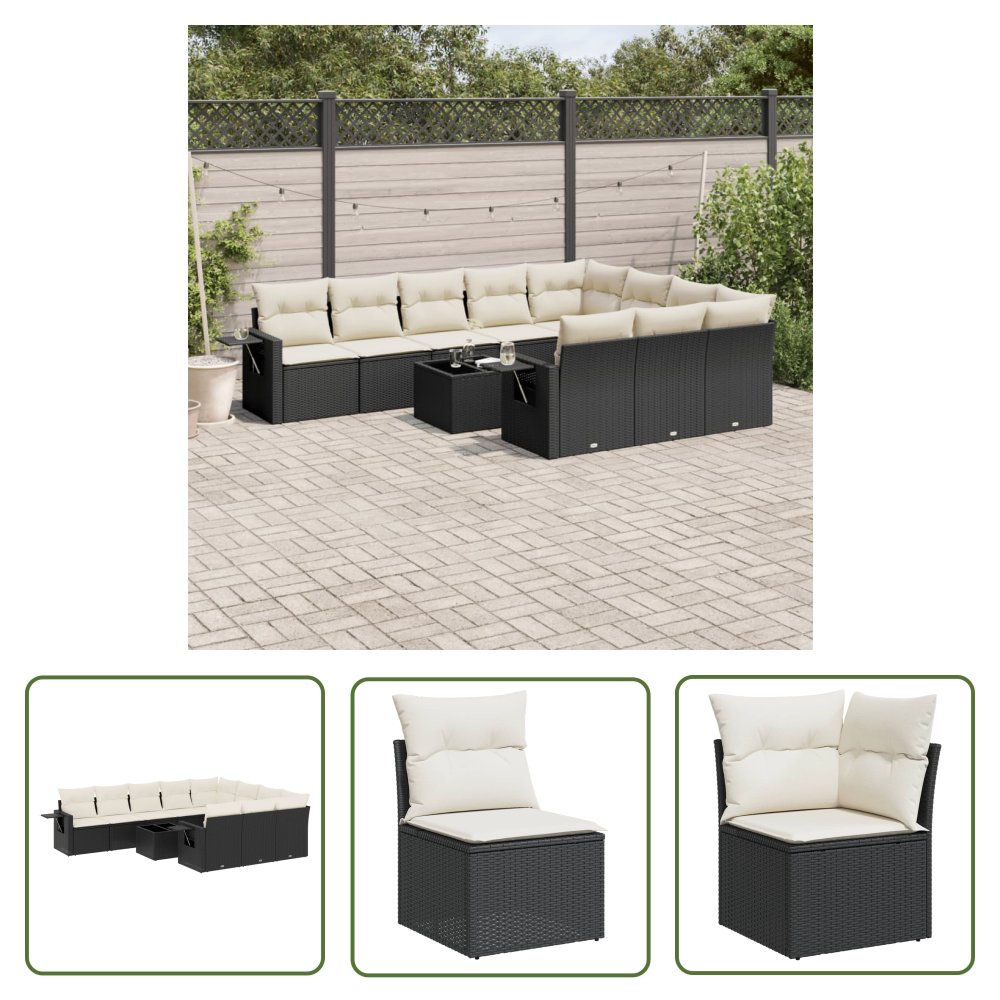 The Living Store 11-cz. zestaw wypoczynkowy do ogrodu - poduszki czarny rattan PE - Sofa Ogrodowa