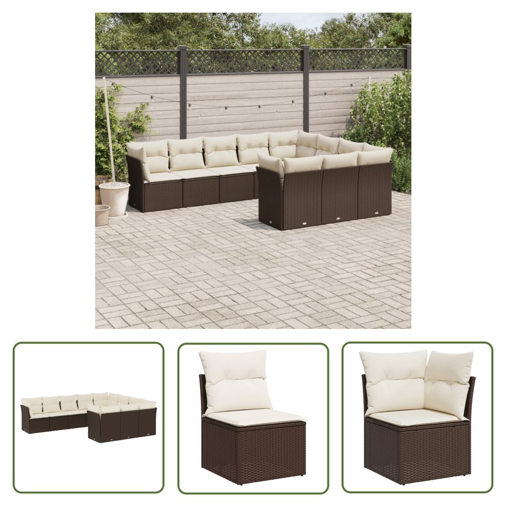 The Living Store 10-cz. zestaw mebli ogrodowych z poduszkami - brązowy polirattan - Sofa Ogrodowa