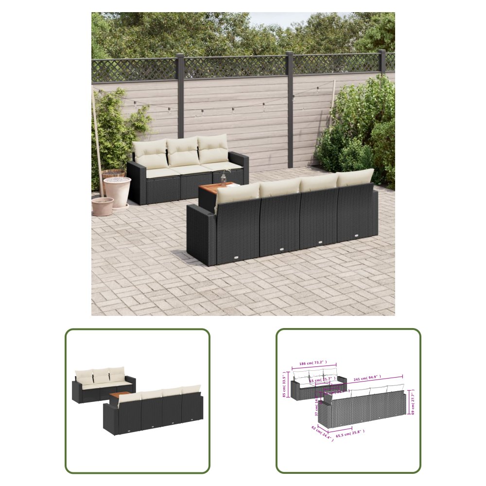 The Living Store 8-cz. zestaw wypoczynkowy do ogrodu - z poduszkami - czarny - Sofa Ogrodowa