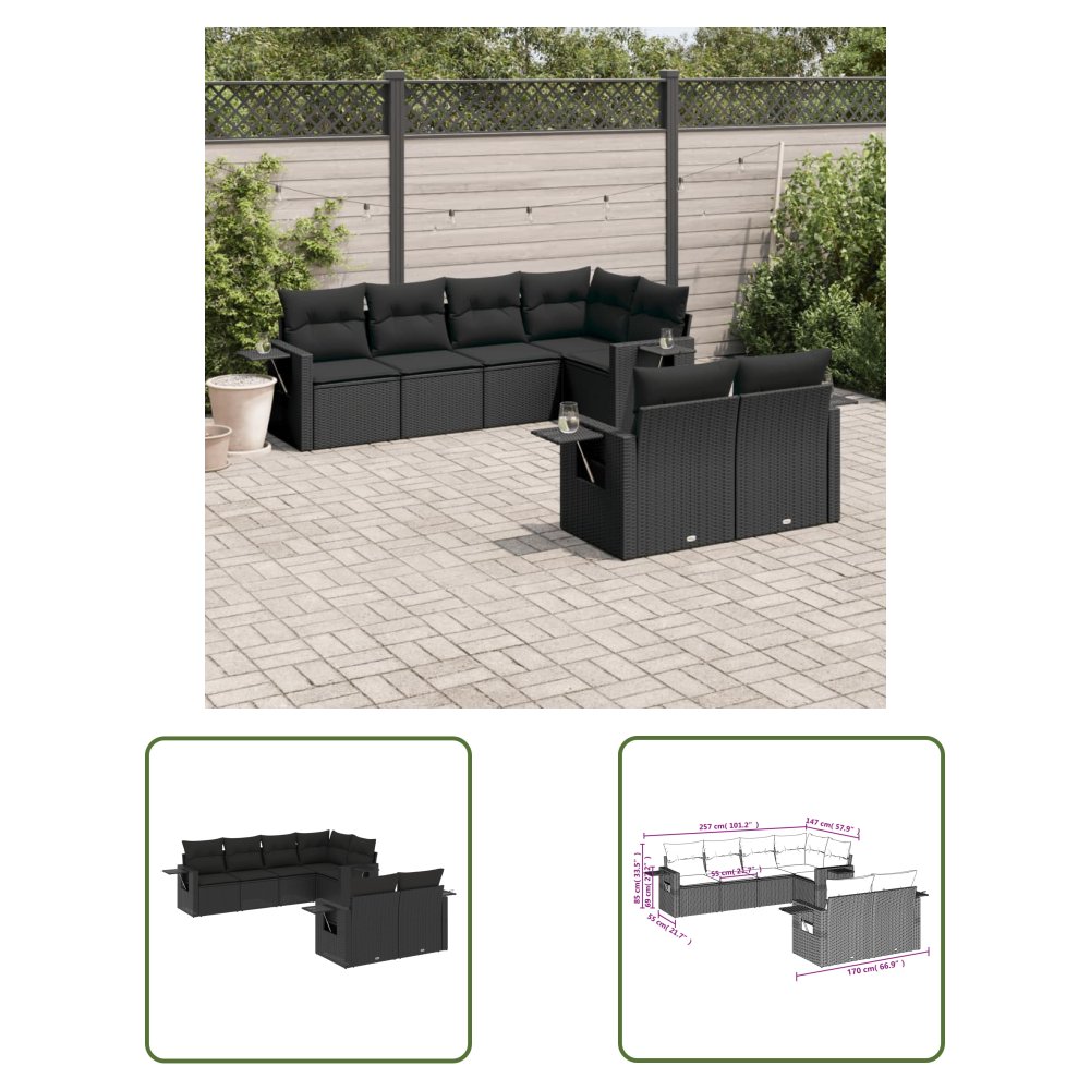 The Living Store 7-cz. zestaw wypoczynkowy do ogrodu - z poduszkami - czarny - Sofa Ogrodowa