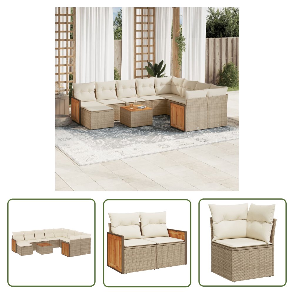 The Living Store 11-cz. zestaw mebli ogrodowych z poduszkami - beżowy - polirattan - Sofa Ogrodowa