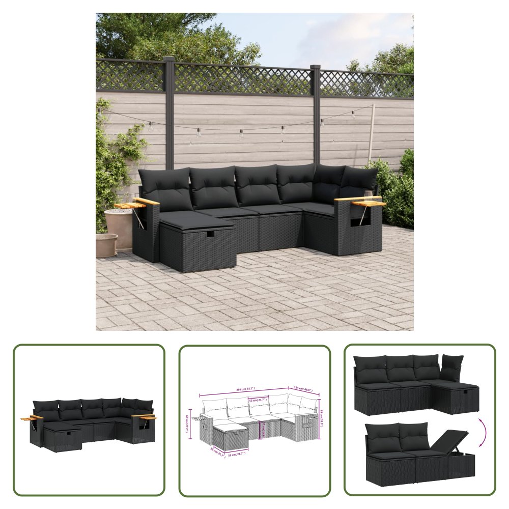 The Living Store 6-cz. zestaw mebli ogrodowych z poduszkami - czarny polirattan - Sofa Ogrodowa