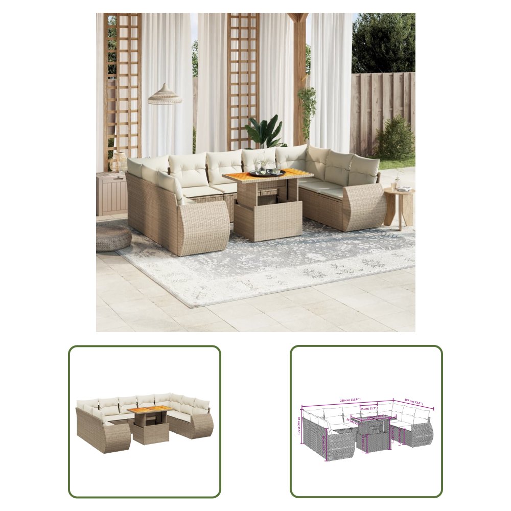 The Living Store 10-cz. zestaw mebli ogrodowych z poduszkami - beżowy - polirattan - Sofa Ogrodowa