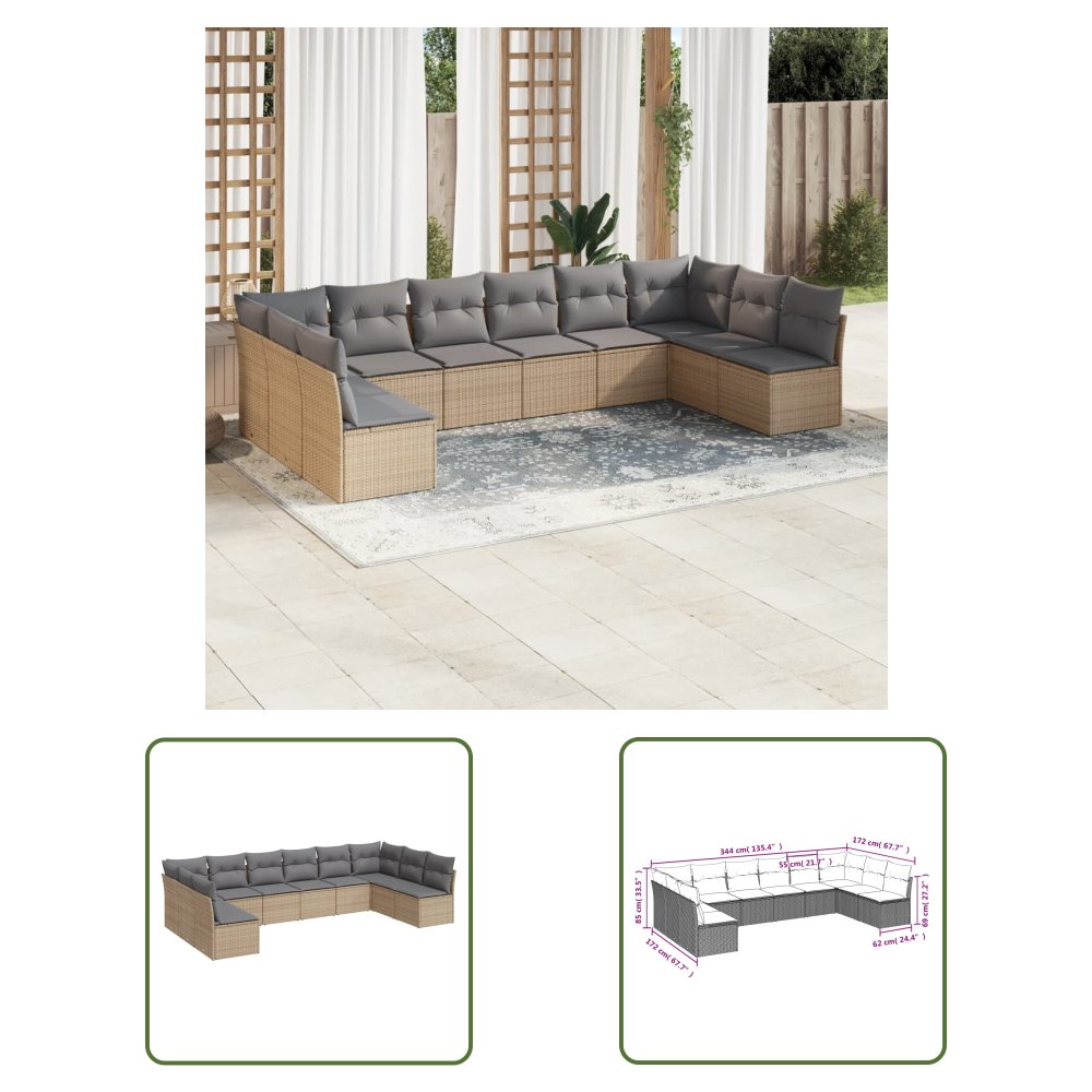 The Living Store 10-cz. zestaw mebli ogrodowych z poduszkami - beżowy - polirattan - Sofa Ogrodowa