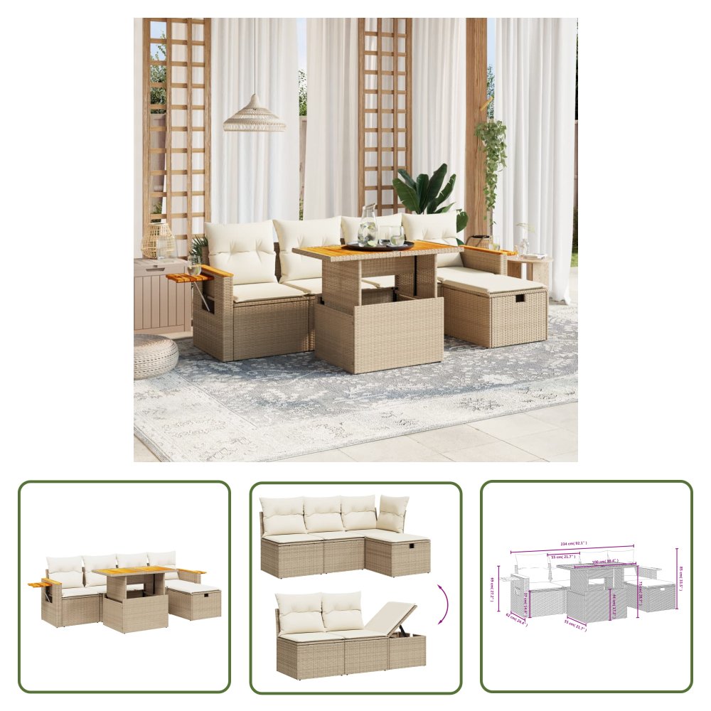The Living Store 6-cz. zestaw mebli ogrodowych z poduszkami - beżowy - polirattan - Sofa Ogrodowa